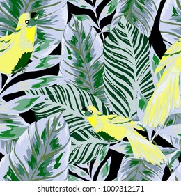 Tropical seamless pattern with leaves and red parrot.Beautiful allover print with hand drawn exotic plants and birds. Swimwear tropical design.
