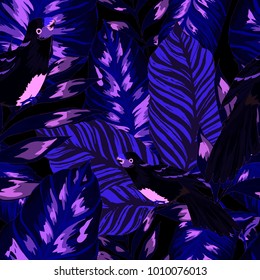 Tropical seamless pattern with leaves and red parrot.Beautiful allover print with hand drawn exotic plants and birds. Swimwear tropical design.

