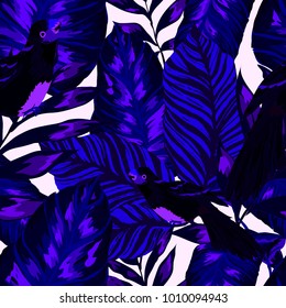 Tropical seamless pattern with leaves and red parrot.Beautiful allover print with hand drawn exotic plants and birds. Swimwear tropical design.

