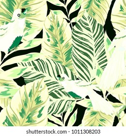 Tropical seamless pattern with leaves and red parrot.Beautiful allover print with hand drawn exotic plants and birds. Swimwear tropical design.
