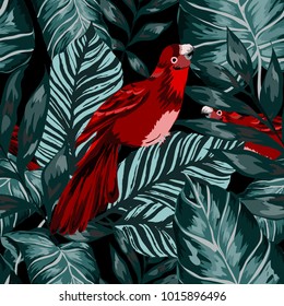 Tropical seamless pattern with leaves and red parrot.Beautiful allover print with hand drawn exotic plants and birds. Swimwear tropical design.
