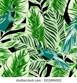 Tropical seamless pattern with leaves and red parrot.Beautiful allover print with hand drawn exotic plants and birds. Swimwear tropical design.
