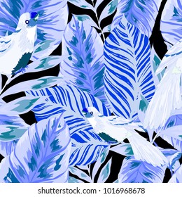 Tropical seamless pattern with leaves and red parrot.Beautiful allover print with hand drawn exotic plants and birds. Swimwear tropical design.
