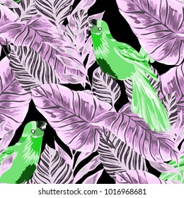 Tropical seamless pattern with leaves and red parrot.Beautiful allover print with hand drawn exotic plants and birds. Swimwear tropical design.
