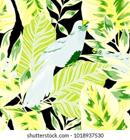 Tropical seamless pattern with leaves and red parrot.Beautiful allover print with hand drawn exotic plants and birds. Swimwear tropical design.
