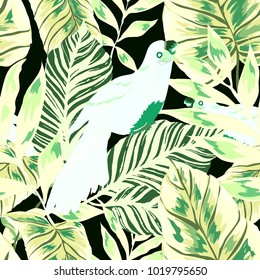 Tropical seamless pattern with leaves and red parrot.Beautiful allover print with hand drawn exotic plants and birds. Swimwear tropical design.
