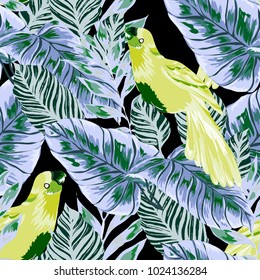Tropical seamless pattern with leaves and red parrot.Beautiful allover print with hand drawn exotic plants and birds. Swimwear tropical design.
