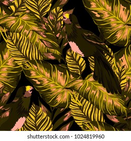 Tropical seamless pattern with leaves and red parrot.Beautiful allover print with hand drawn exotic plants and birds. Swimwear tropical design.
