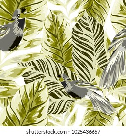 Tropical seamless pattern with leaves and red parrot.Beautiful allover print with hand drawn exotic plants and birds. Swimwear tropical design.

