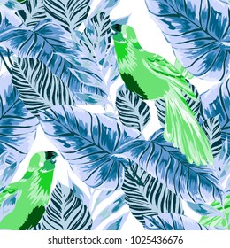 Tropical seamless pattern with leaves and red parrot.Beautiful allover print with hand drawn exotic plants and birds. Swimwear tropical design.
