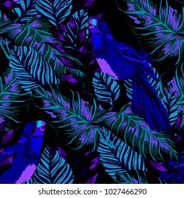 Tropical seamless pattern with leaves and red parrot.Beautiful allover print with hand drawn exotic plants and birds. Swimwear tropical design.
