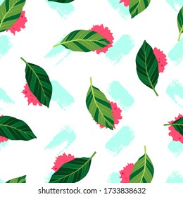 Tropical seamless pattern with leaves and red paint spots on white background. Vector illustration of summer. Exotic wallpaper. For web design, banners, scrapbooking, printing on fabric, wrapping.
