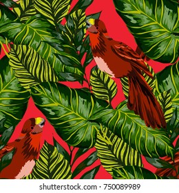 Tropical seamless pattern with leaves and red parrot.Beautiful allover print with hand drawn exotic plants and birds. Swimwear tropical design.