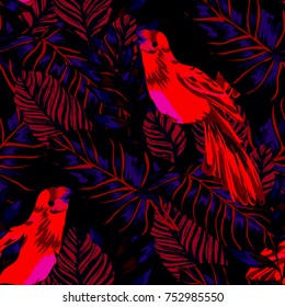 Tropical seamless pattern with leaves and red parrot.Beautiful allover print with hand drawn exotic plants and birds. Swimwear tropical design.