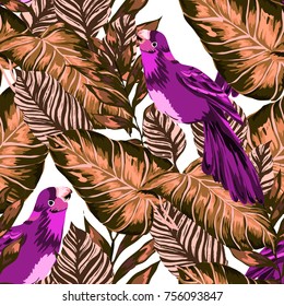 Tropical seamless pattern with leaves and red parrot.Beautiful allover print with hand drawn exotic plants and birds. Swimwear tropical design.