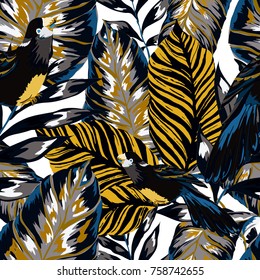 Tropical seamless pattern with leaves and red parrot.Beautiful allover print with hand drawn exotic plants and birds. Swimwear tropical design.

