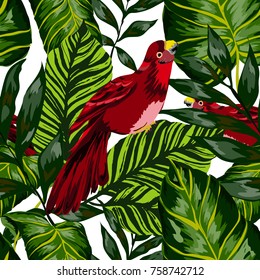 Tropical seamless pattern with leaves and red parrot.Beautiful allover print with hand drawn exotic plants and birds. Swimwear tropical design.

