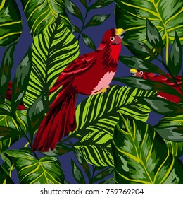 Tropical seamless pattern with leaves and red parrot.Beautiful allover print with hand drawn exotic plants and birds. Swimwear tropical design.