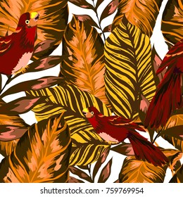 Tropical seamless pattern with leaves and red parrot.Beautiful allover print with hand drawn exotic plants and birds. Swimwear tropical design.