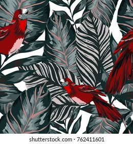 Tropical seamless pattern with leaves and red parrot.Beautiful allover print with hand drawn exotic plants and birds. Swimwear tropical design.

