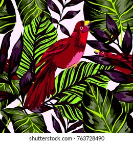 Tropical seamless pattern with leaves and red parrot.Beautiful allover print with hand drawn exotic plants and birds. Swimwear tropical design.