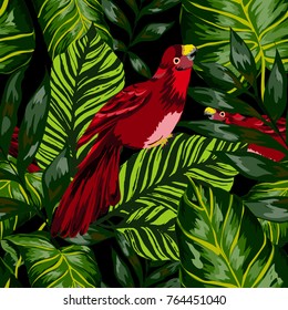 Tropical seamless pattern with leaves and red parrot.Beautiful allover print with hand drawn exotic plants and birds. Swimwear tropical design.

