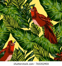 Tropical seamless pattern with leaves and red parrot.Beautiful allover print with hand drawn exotic plants and birds. Swimwear tropical design.

