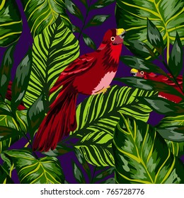 Tropical seamless pattern with leaves and red parrot.Beautiful allover print with hand drawn exotic plants and birds. Swimwear tropical design.

