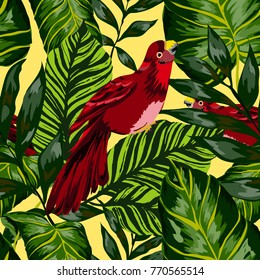 Tropical seamless pattern with leaves and red parrot.Beautiful allover print with hand drawn exotic plants and birds. Swimwear tropical design.

