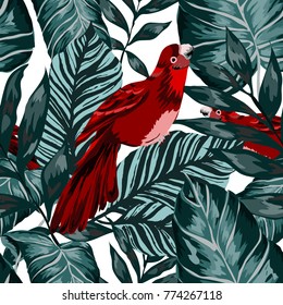 Tropical seamless pattern with leaves and red parrot.Beautiful allover print with hand drawn exotic plants and birds. Swimwear tropical design.