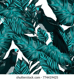 Tropical seamless pattern with leaves and red parrot.Beautiful allover print with hand drawn exotic plants and birds. Swimwear tropical design.

