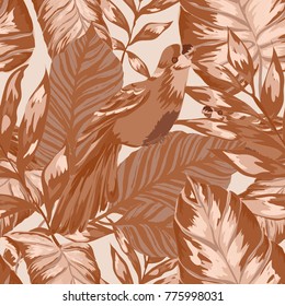 Tropical seamless pattern with leaves and red parrot.Beautiful allover print with hand drawn exotic plants and birds. Swimwear tropical design.
