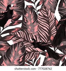Tropical seamless pattern with leaves and red parrot.Beautiful allover print with hand drawn exotic plants and birds. Swimwear tropical design.
