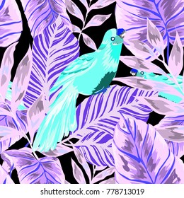 Tropical seamless pattern with leaves and red parrot.Beautiful allover print with hand drawn exotic plants and birds. Swimwear tropical design.
