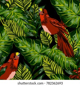 Tropical seamless pattern with leaves and red parrot.Beautiful allover print with hand drawn exotic plants and birds. Swimwear tropical design.
