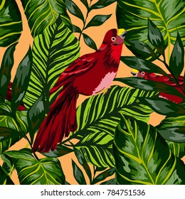 Tropical seamless pattern with leaves and red parrot.Beautiful allover print with hand drawn exotic plants and birds. Swimwear tropical design.
