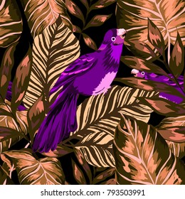Tropical seamless pattern with leaves and red parrot.Beautiful allover print with hand drawn exotic plants and birds. Swimwear tropical design.
