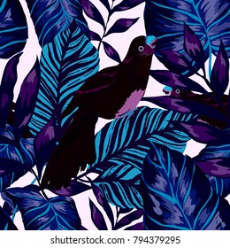 Tropical seamless pattern with leaves and red parrot.Beautiful allover print with hand drawn exotic plants and birds. Swimwear tropical design.

