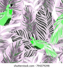 Tropical seamless pattern with leaves and red parrot.Beautiful allover print with hand drawn exotic plants and birds. Swimwear tropical design.
