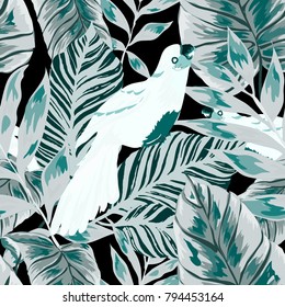 Tropical seamless pattern with leaves and red parrot.Beautiful allover print with hand drawn exotic plants and birds. Swimwear tropical design.
