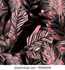 Tropical seamless pattern with leaves and red parrot.Beautiful allover print with hand drawn exotic plants and birds. Swimwear tropical design.
