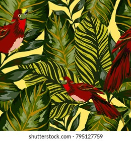 Tropical seamless pattern with leaves and red parrot.Beautiful allover print with hand drawn exotic plants and birds. Swimwear tropical design.

