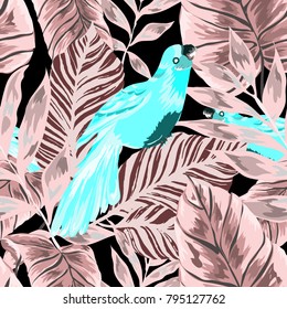 Tropical seamless pattern with leaves and red parrot.Beautiful allover print with hand drawn exotic plants and birds. Swimwear tropical design.
