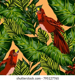 Tropical seamless pattern with leaves and red parrot.Beautiful allover print with hand drawn exotic plants and birds. Swimwear tropical design.
