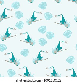 Tropical seamless pattern with leaves and toucan. Tropical background with leaves and a bird. Tropical birds. Jungle.