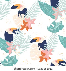 Tropical seamless pattern with leaves and toucan. Summer jungle print. Vector hand drawn illustration.