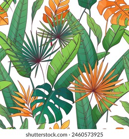 Tropical seamless pattern with tropical leaves. Vector illustration of monstera, fan palm, banana palm, strelitzia. For fabric, textile, wrapping paper, cover, package.