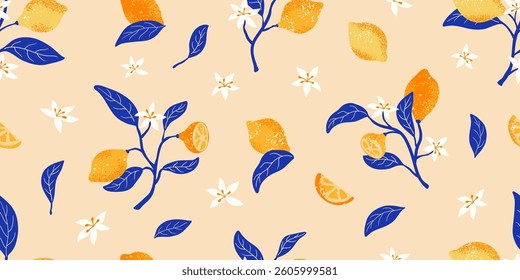 Tropical seamless pattern with lemon branch and flower. Fruit repeated background. Vector design for fabric, menu, wallpaper. 