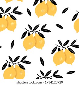 Tropical seamless pattern with lemon tree branch isolated on white. Fruit repeated background. Print for fabric or wallpaper.