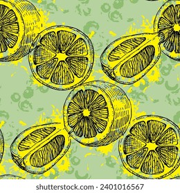 Tropical seamless pattern with lemons. Fruit repeated background. Vector bright print for for banners, cards, flyers, social media wallpapers, etc.